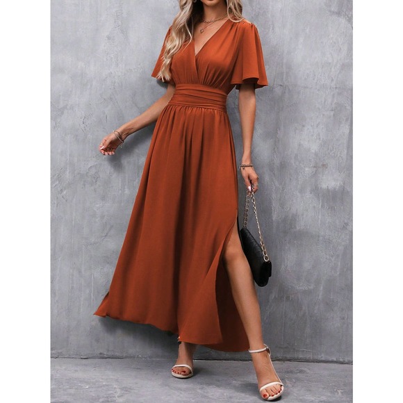 v neck Butterfly Sleeve Split Thigh maxi Dress black - Picture 3 of 11